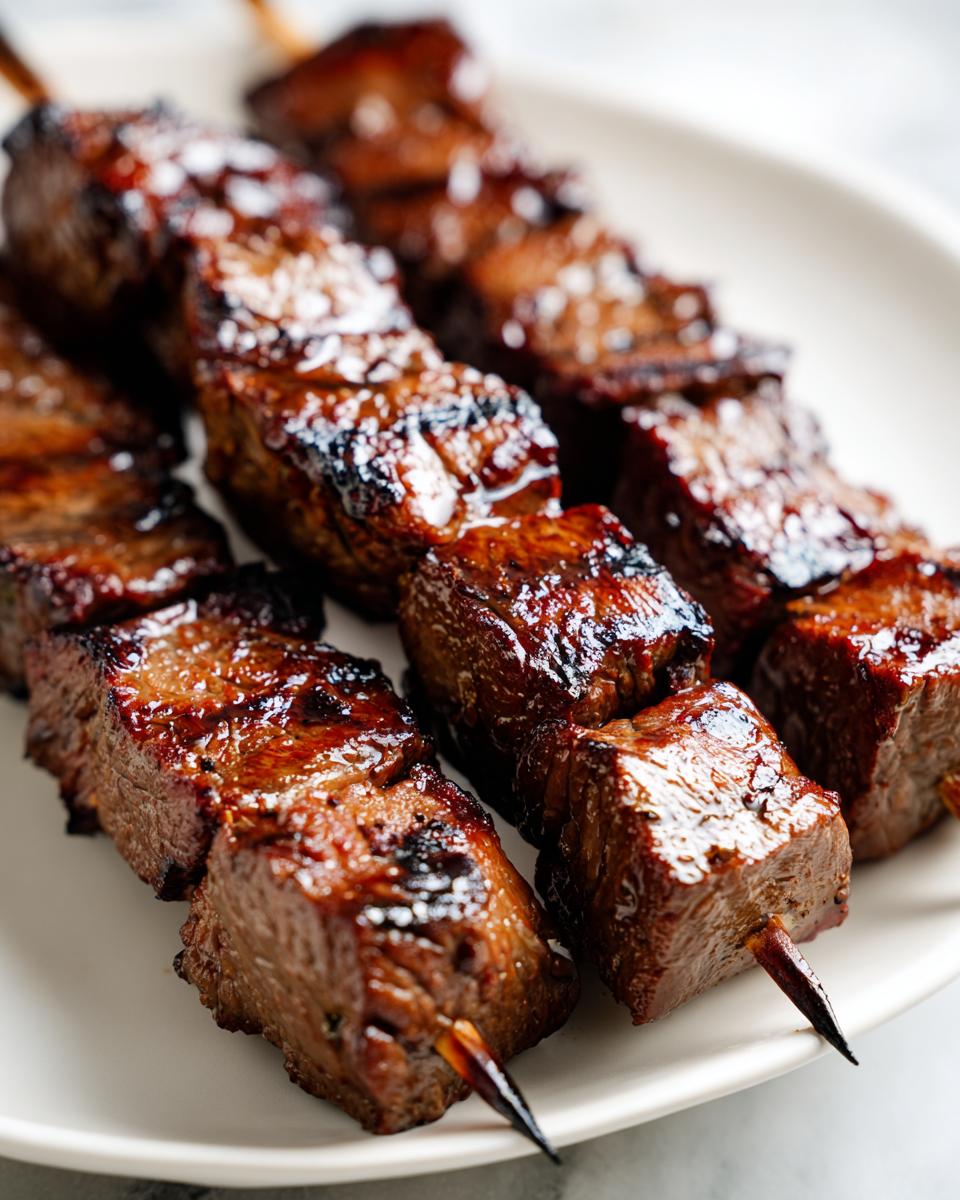 Close-up of three skewers loaded with juicy, caramelized Asian Beef Skewers, glistening with glaze.