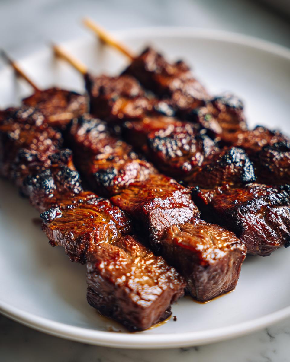 Close-up of several juicy, caramelized Asian Beef Skewers resting on a white plate.