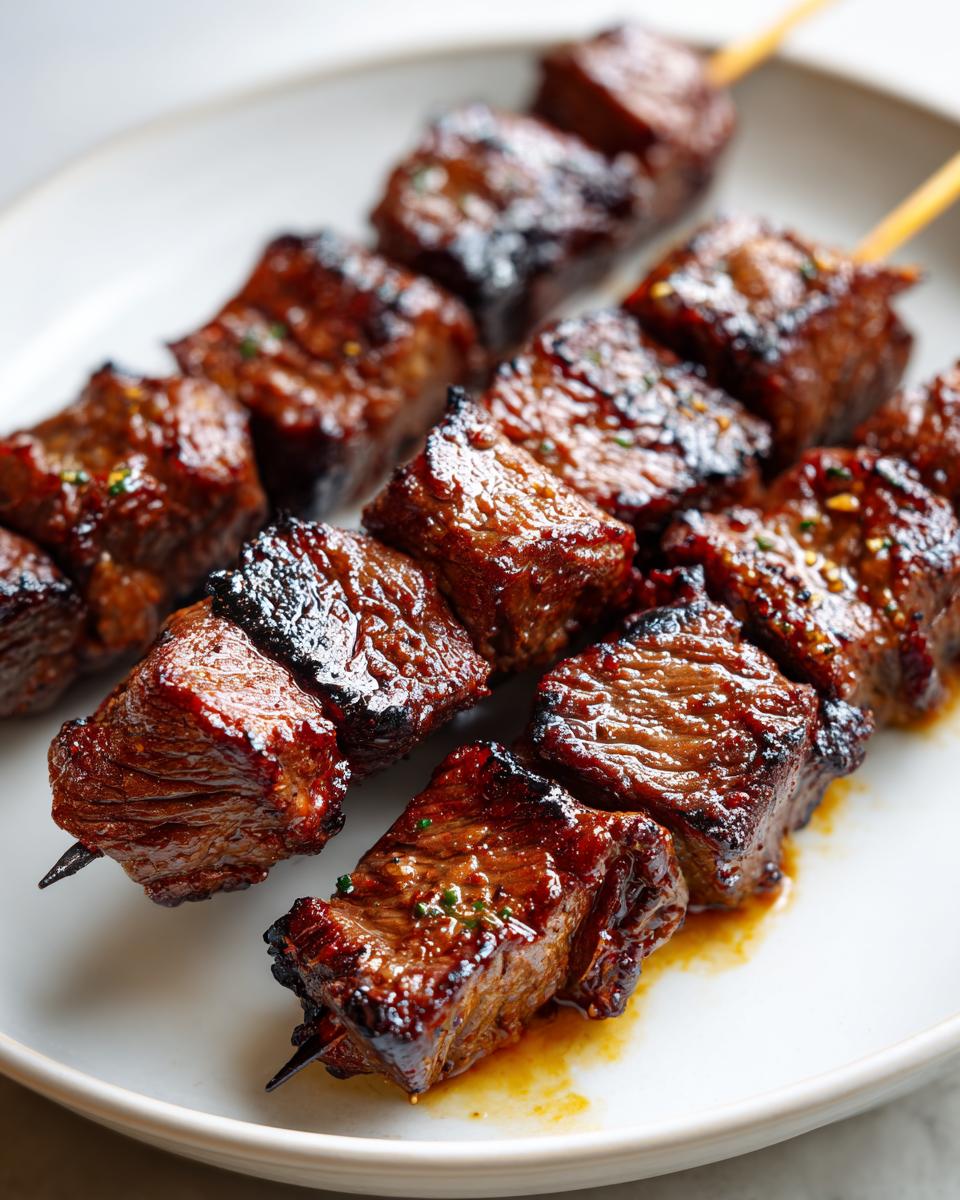 Close-up of two skewers loaded with perfectly grilled, caramelized Asian Beef Skewers cubes resting on a white plate.