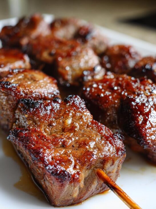 Close-up of several perfectly grilled Asian Beef Skewers with a shiny, caramelized glaze on a white plate.