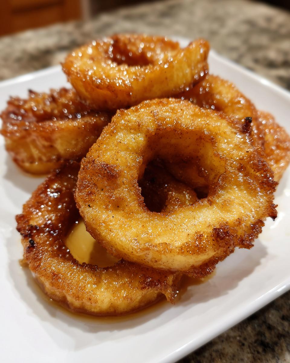 A stack of golden brown, caramelized Apple Rings dusted with cinnamon, sitting on a white plate.