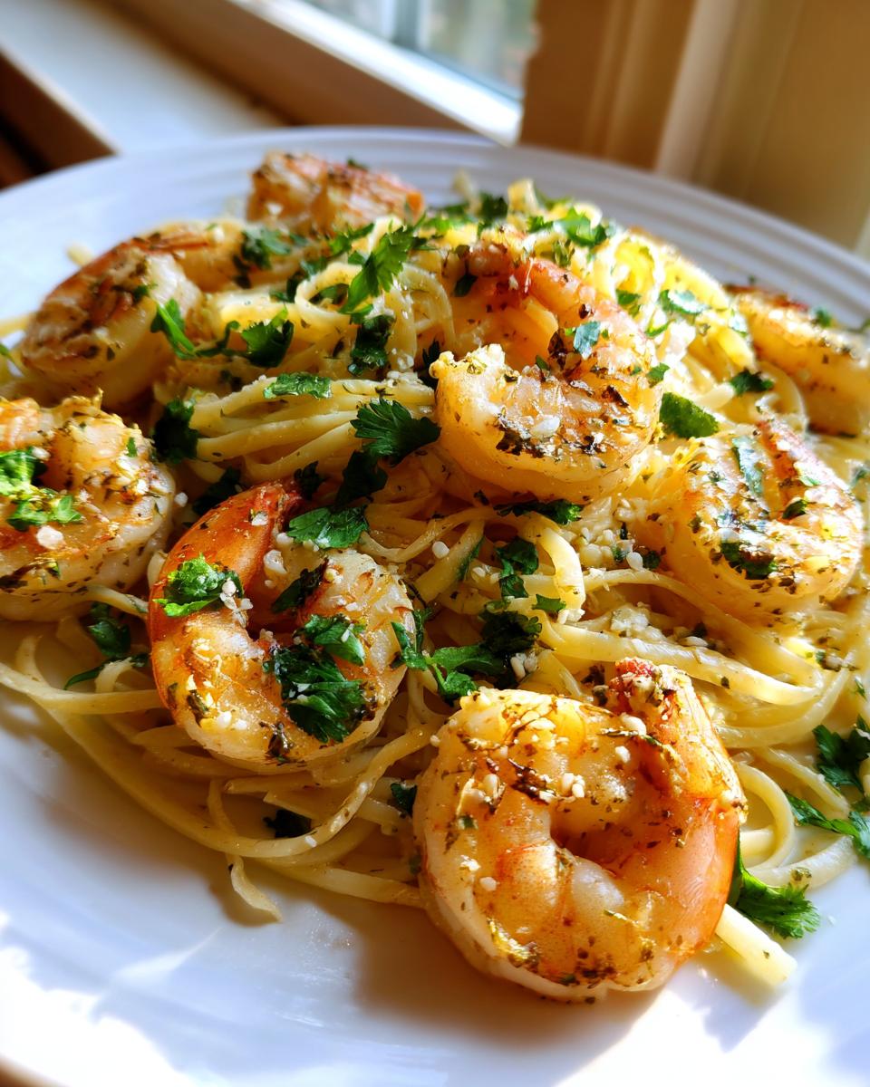 Close-up of Gluten Free Coconut Lime Shrimp Pasta topped with saut&eacute;ed shrimp and fresh parsley.