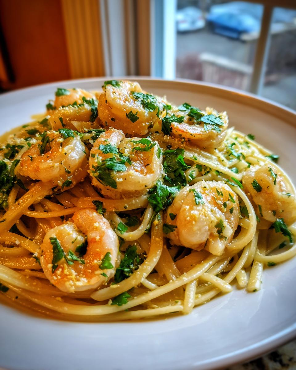 Close-up of Gluten Free Coconut Lime Shrimp Pasta topped with saut&eacute;ed shrimp and fresh parsley.