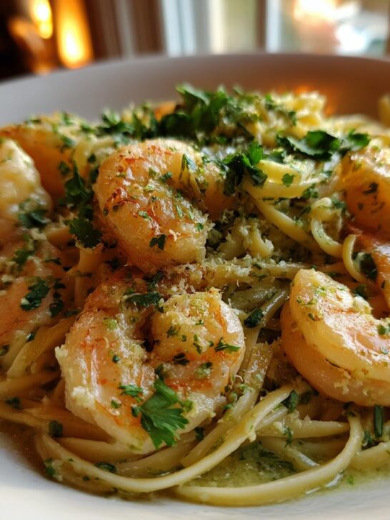 Close-up of creamy Gluten Free Coconut Lime Shrimp Pasta topped with large shrimp and fresh parsley.