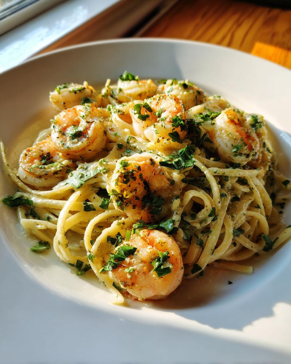 A plate of creamy Gluten Free Coconut Lime Shrimp Pasta topped with saut&eacute;ed shrimp and fresh parsley.
