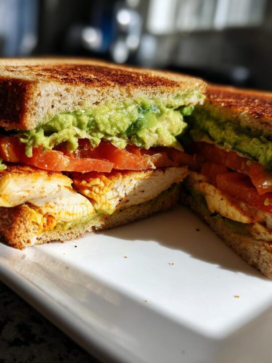 A close-up of a Grilled Chicken Avocado Sandwich, cut in half, showing layers of seasoned chicken, tomato, lettuce, and mashed avocado.