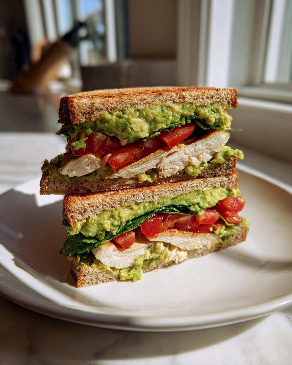 Two halves of a Grilled Chicken Avocado Sandwich stacked on a white plate, showing chicken, tomato, and avocado spread.