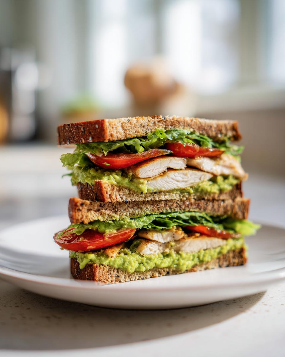 A tall, stacked Grilled Chicken Avocado Sandwich featuring grilled chicken, mashed avocado, tomato, and lettuce on whole wheat bread.