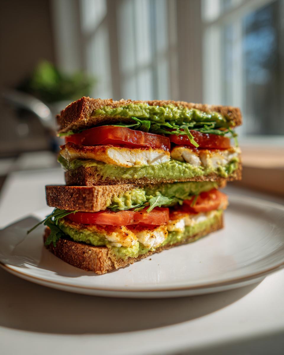 A tall, stacked Grilled Chicken Avocado Sandwich on whole wheat bread with tomato slices and arugula.