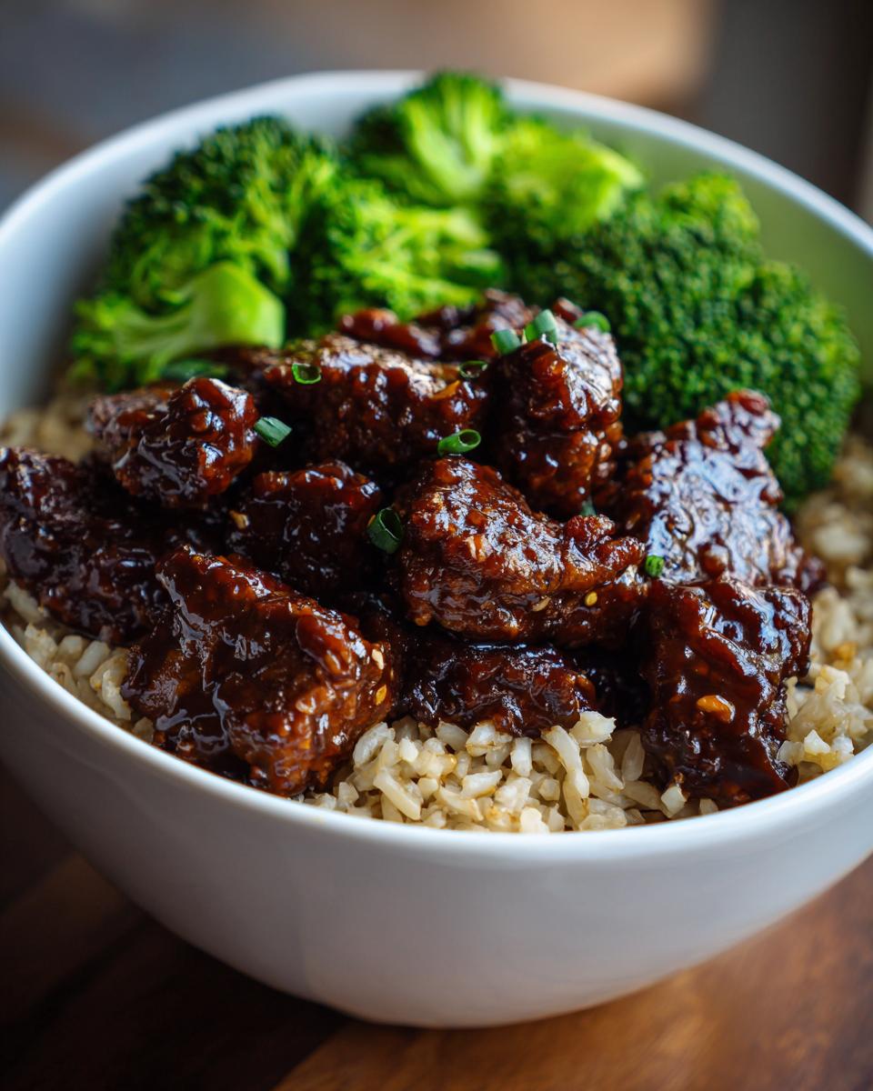 Close-up of Healthy Weeknight General Tsos Chicken pieces coated in dark sauce over brown rice with steamed broccoli.