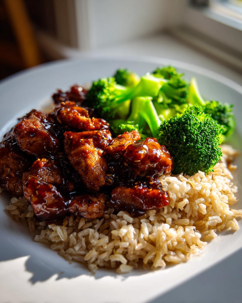 A plate of Healthy Weeknight General Tsos Chicken served over brown rice with a side of steamed broccoli.