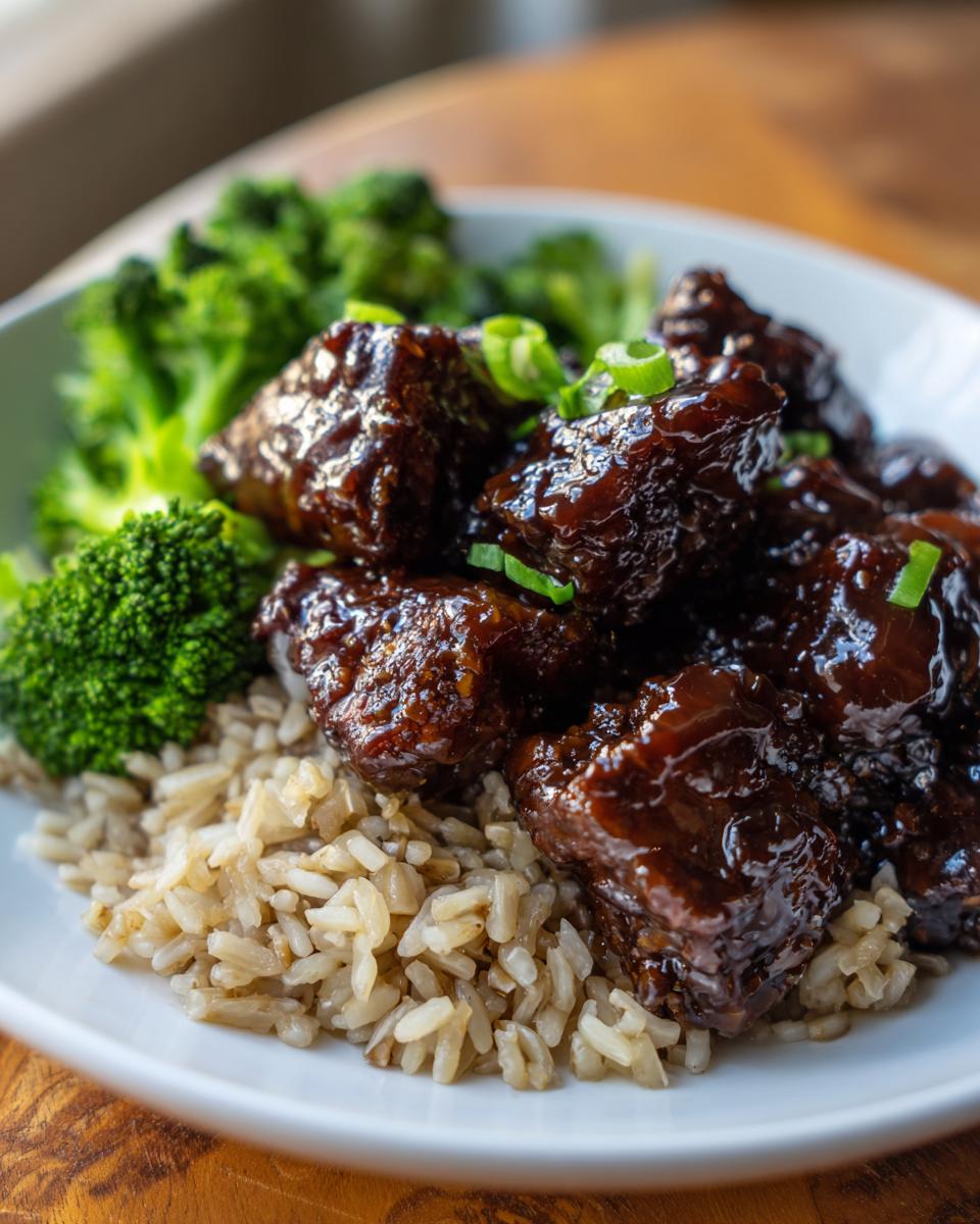 Close-up of Healthy Weeknight General Tsos Chicken pieces coated in dark sauce served over brown rice with steamed broccoli.