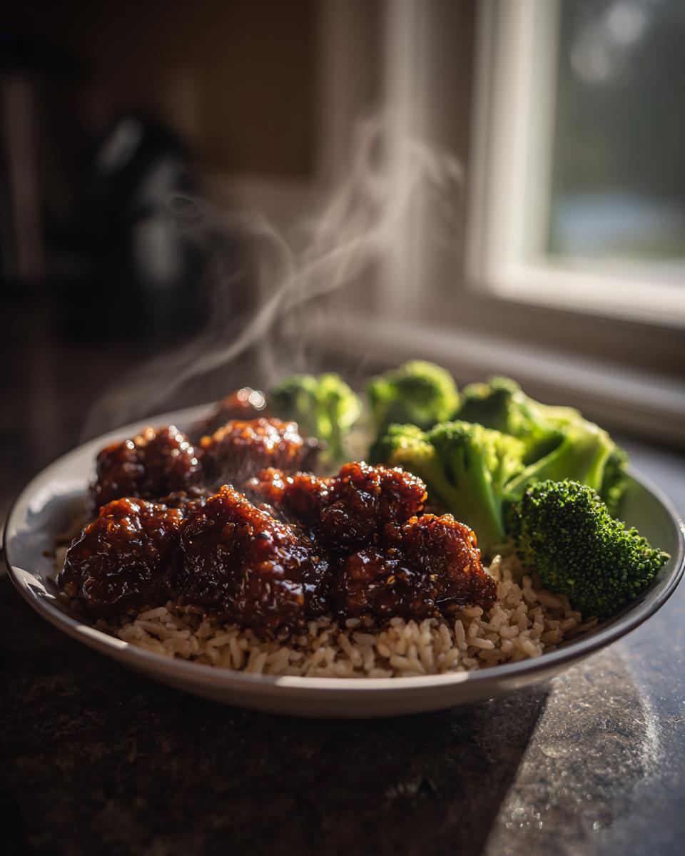 A bowl of steaming Healthy Weeknight General Tsos Chicken served over brown rice with bright green broccoli florets.