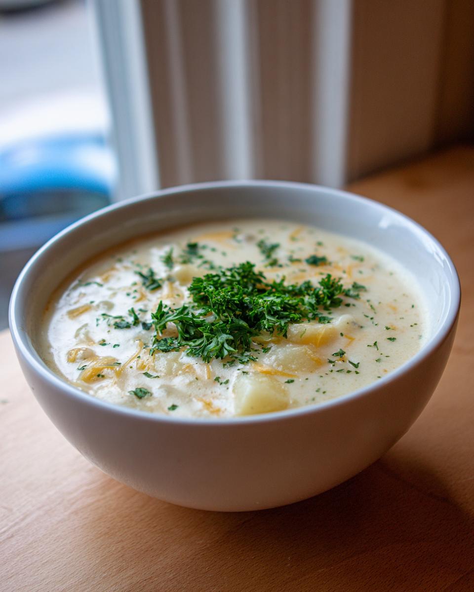 Close-up of a white bowl filled with Hearty Cheddar Garlic Herb Potato Soup, topped with shredded cheese and fresh parsley.