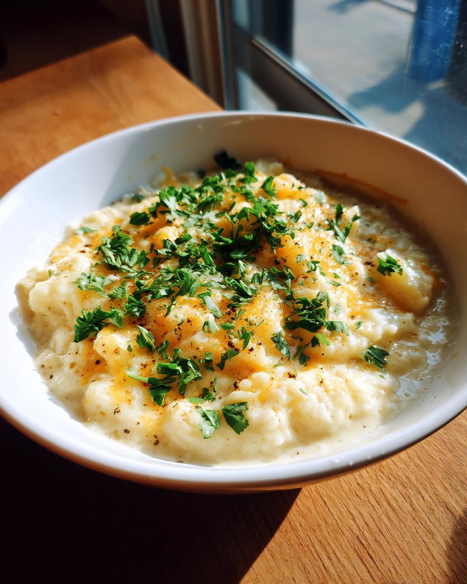 A creamy bowl of Hearty Cheddar Garlic Herb Potato Soup topped with melted cheddar and fresh parsley.