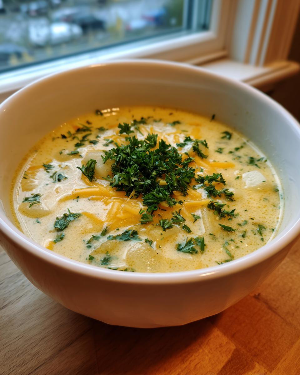 A close-up of a white bowl filled with Hearty Cheddar Garlic Herb Potato Soup, topped with shredded cheddar and fresh parsley.