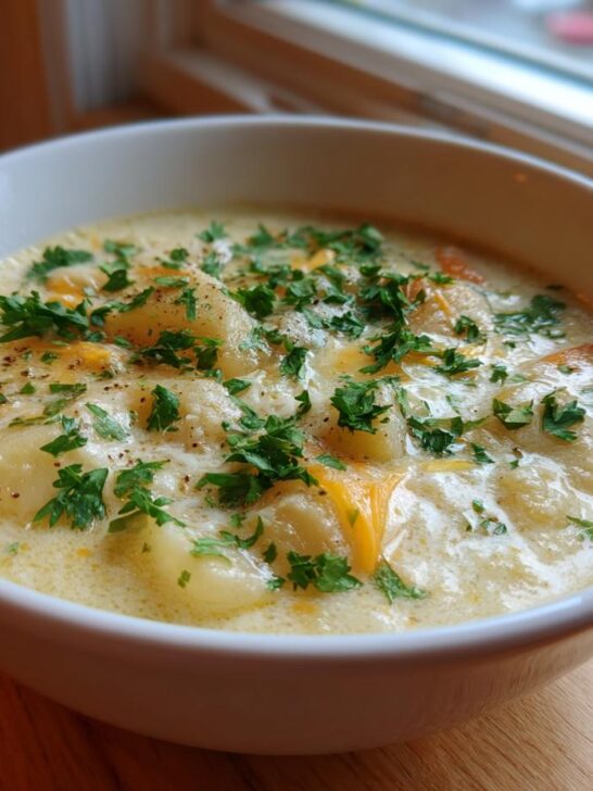 A close-up of a white bowl filled with Hearty Cheddar Garlic Herb Potato Soup, topped with melted cheese and fresh parsley.