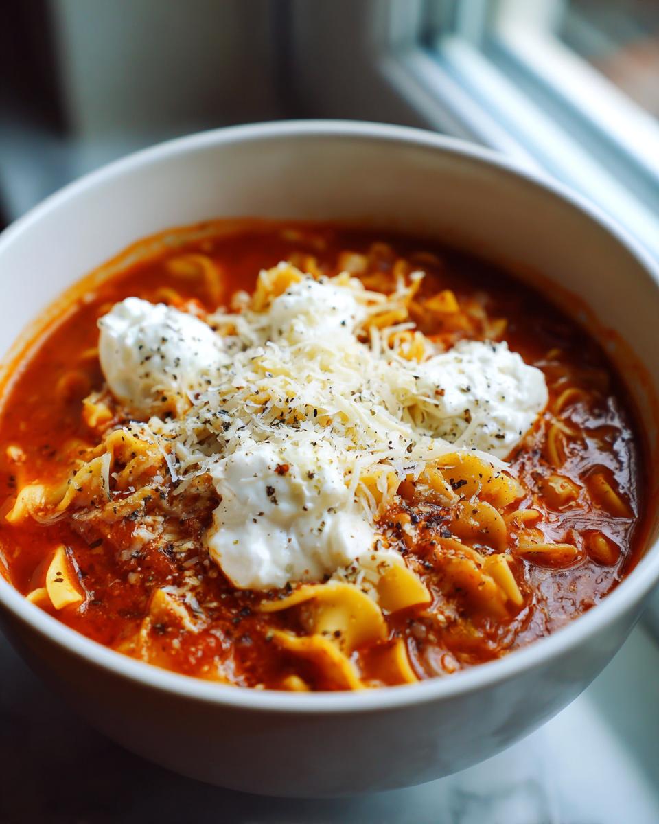 Close-up of a white bowl filled with rich tomato Lasagna Soup, topped with dollops of ricotta, shredded cheese, and herbs.