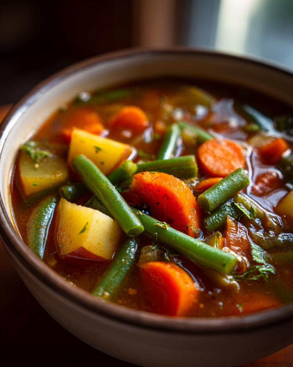 Close-up of a rustic bowl filled with rich, flavorful Vegetable Soup featuring chunks of carrots, potatoes, and green beans.