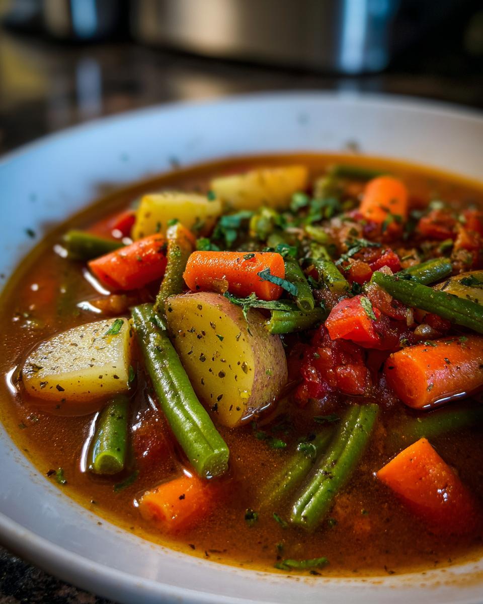 Close-up of a bowl filled with chunky, rich Vegetable Soup featuring potatoes, carrots, and green beans.