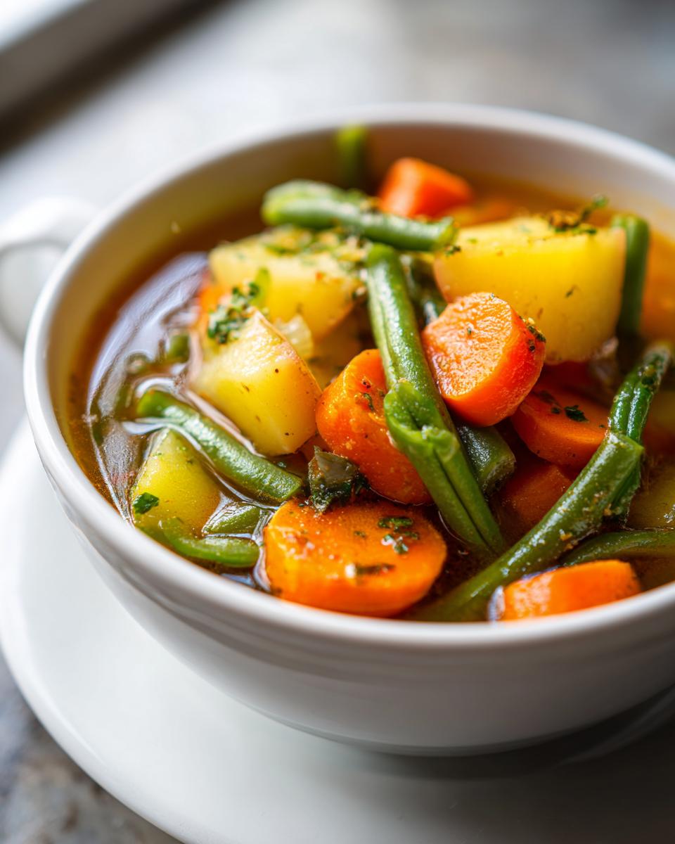 A close-up of a white bowl filled with Vegetable Soup featuring chunks of yellow potato, bright orange carrots, and green beans.