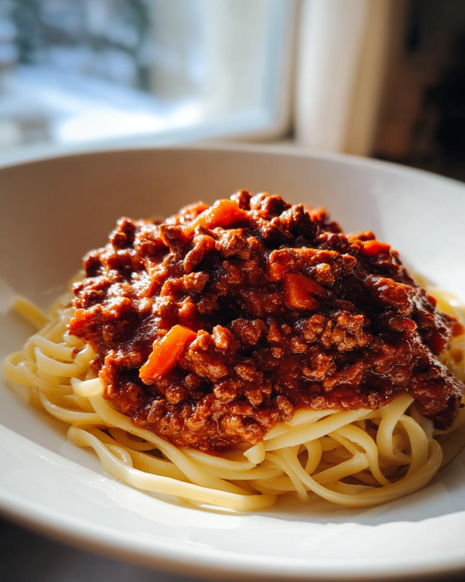 A close-up of pasta topped generously with rich, chunky Homemade Bolognese Sauce in a white bowl.