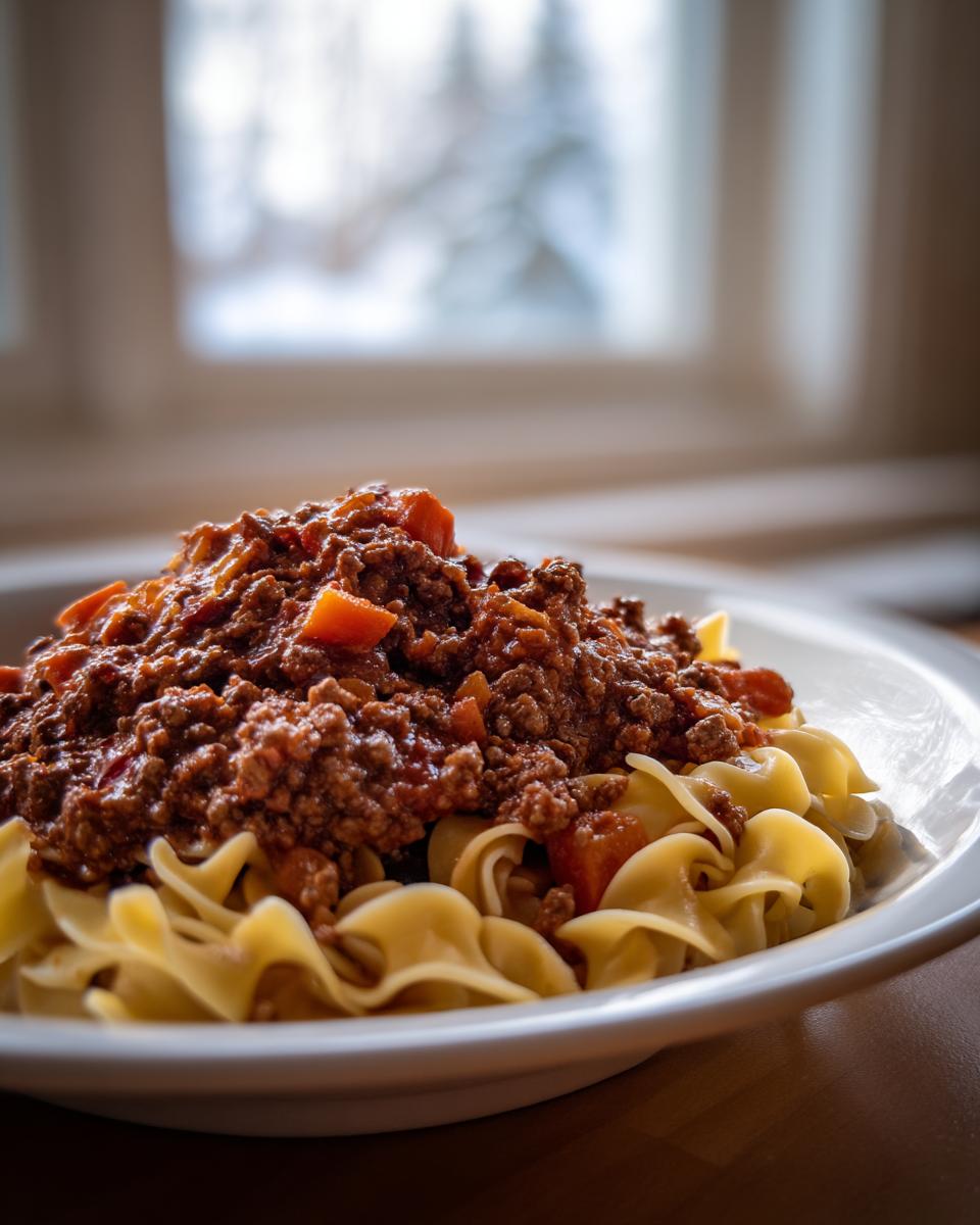 A close-up of a bowl featuring rich Homemade Bolognese Sauce generously spooned over egg noodles.