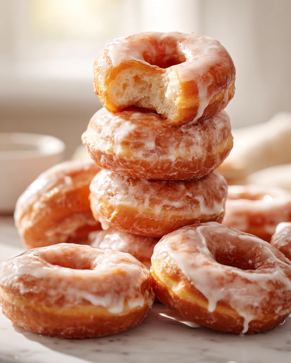 A tempting stack of Homemade Classic Glazed Doughnuts, with one on top having a bite taken out, showing the fluffy interior.