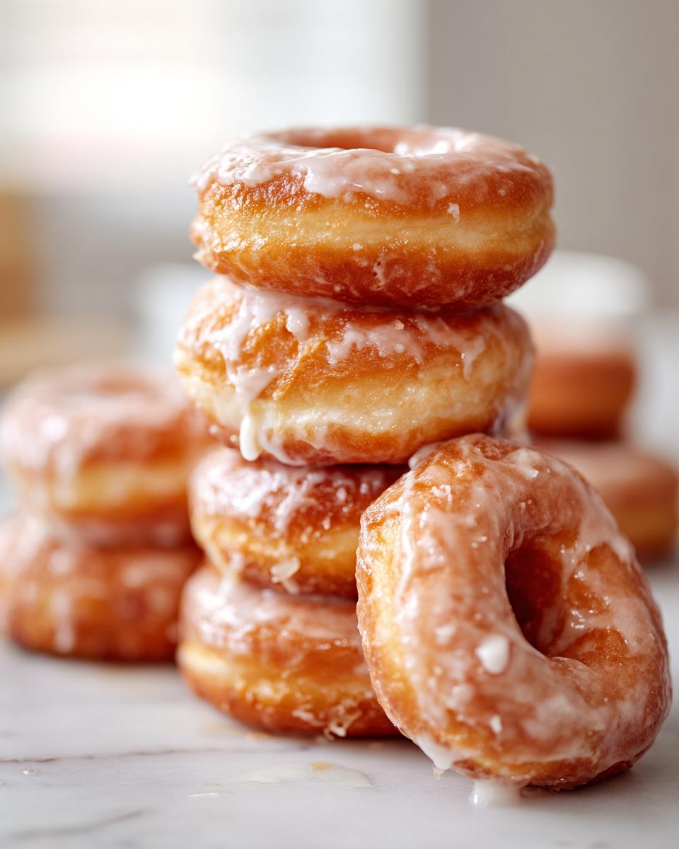 A close-up stack of fluffy Homemade Classic Glazed Doughnuts glistening with sweet white icing.
