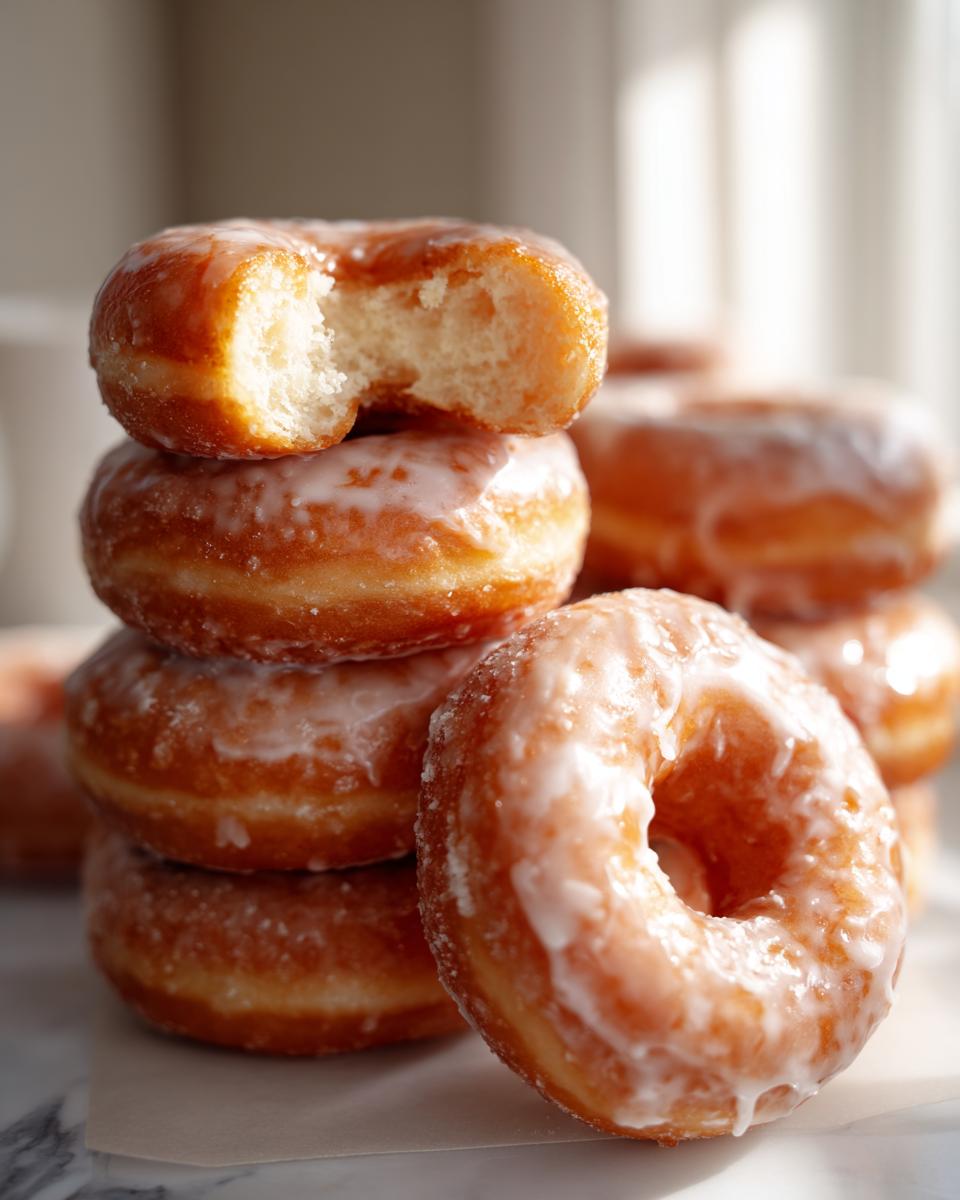 A close-up stack of fluffy Homemade Classic Glazed Doughnuts, one on top has a bite taken out showing the soft interior.