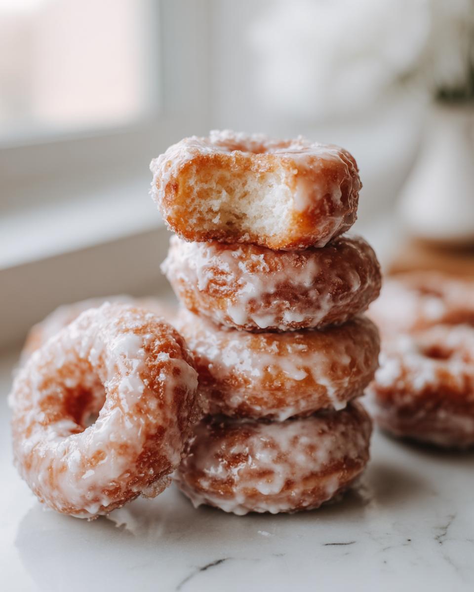 A stack of four glistening Homemade Classic Glazed Doughnuts, with the top one having a bite taken out, showing the soft interior.