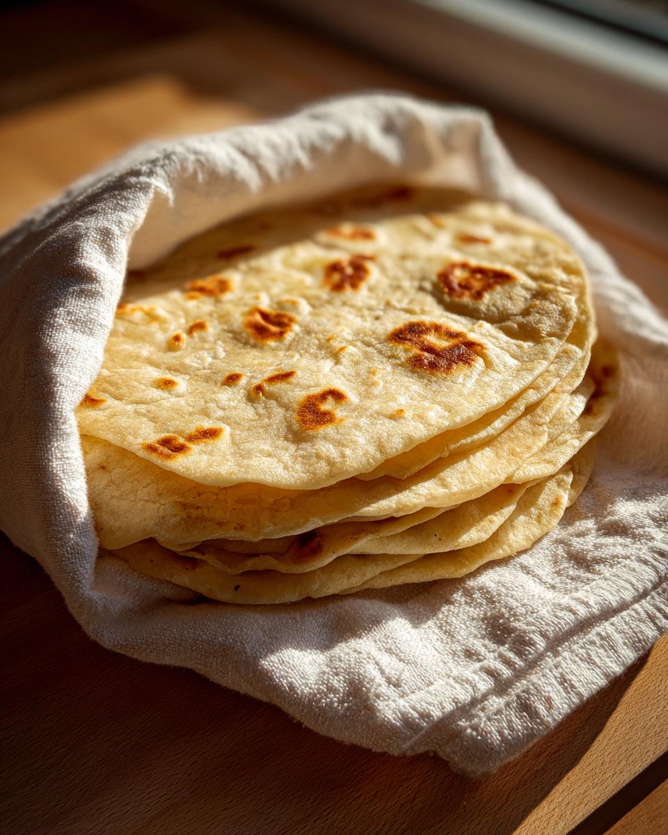 A warm stack of freshly made Homemade Flour Corn Tortillas wrapped in a white cloth.