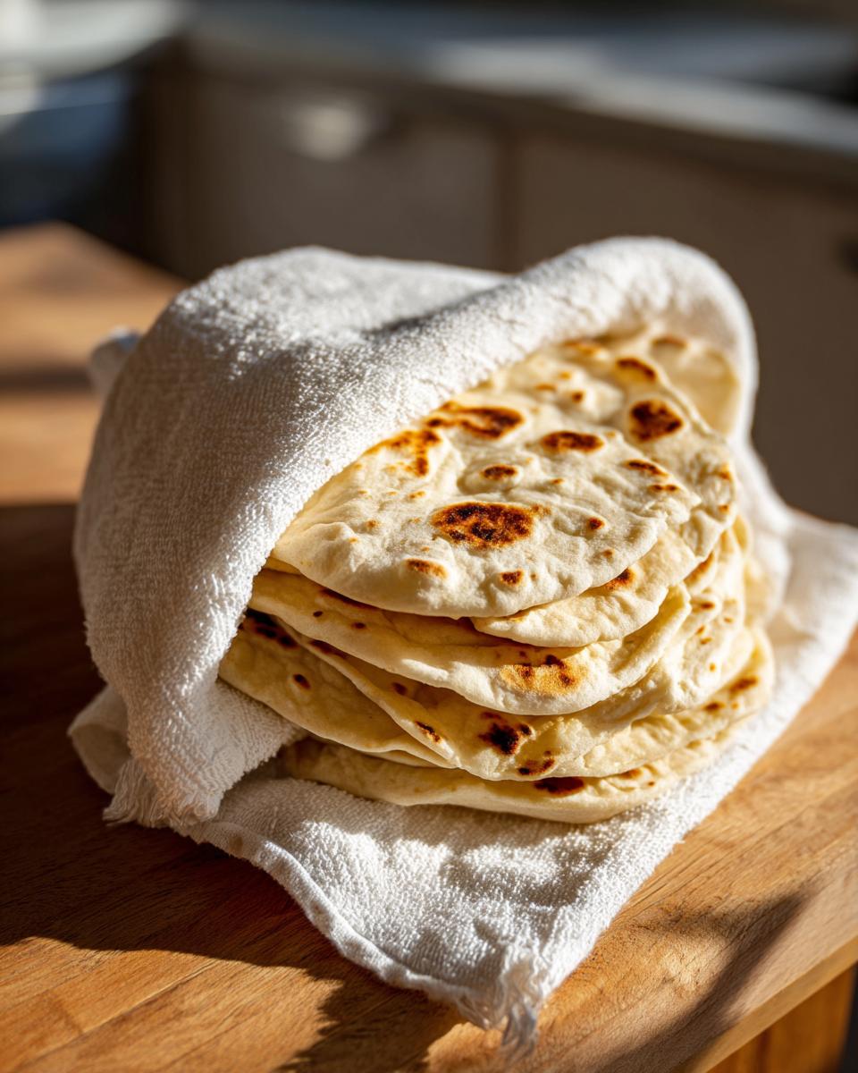 A warm stack of freshly made Homemade Flour Corn Tortillas wrapped in a white kitchen towel.