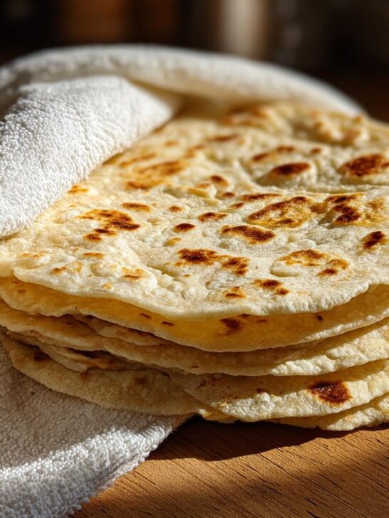 A warm stack of freshly made Homemade Flour Corn Tortillas wrapped in a white towel.