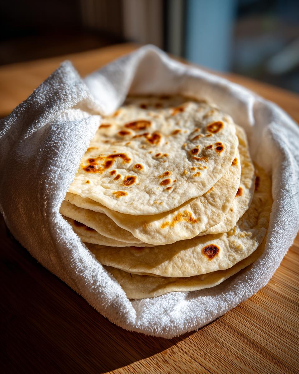 A stack of warm Homemade Flour Corn Tortillas wrapped in a white cloth on a wooden surface.
