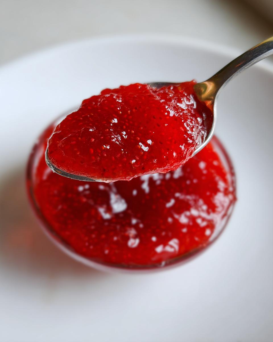 Close-up of a spoonful of bright red Homemade Strawberry Jam being lifted from a jar.