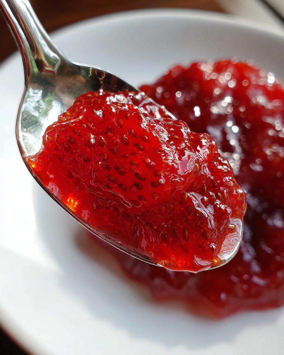 A spoonful of glistening, bright red Homemade Strawberry Jam showing visible seeds and texture.