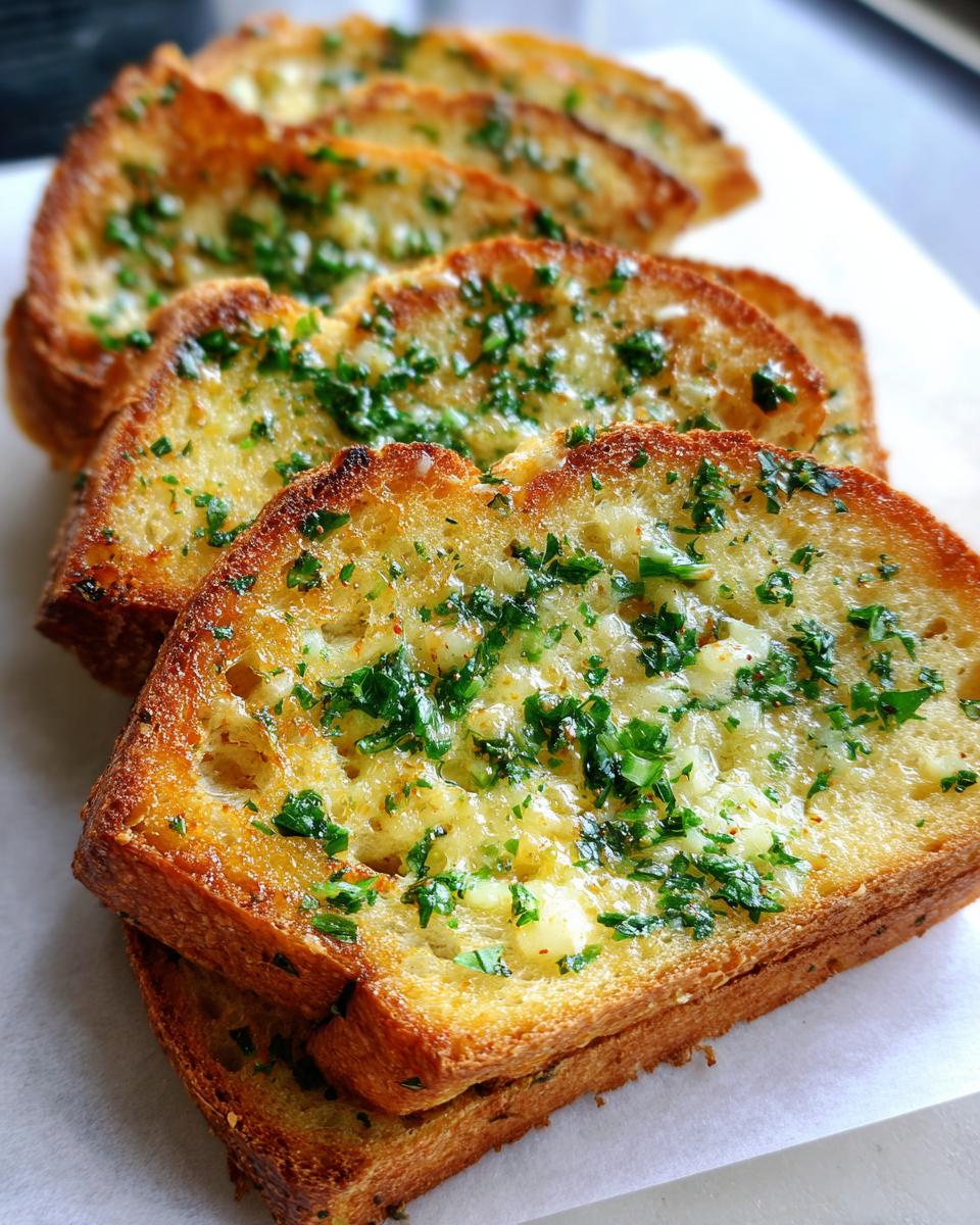 Close-up of several golden-brown slices of Homemade Texas Toast Garlic Bread topped with melted butter and fresh parsley.