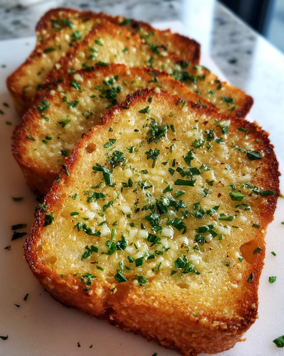 Close-up of perfectly toasted slices of Homemade Texas Toast Garlic Bread topped with melted butter, minced garlic, and fresh parsley.
