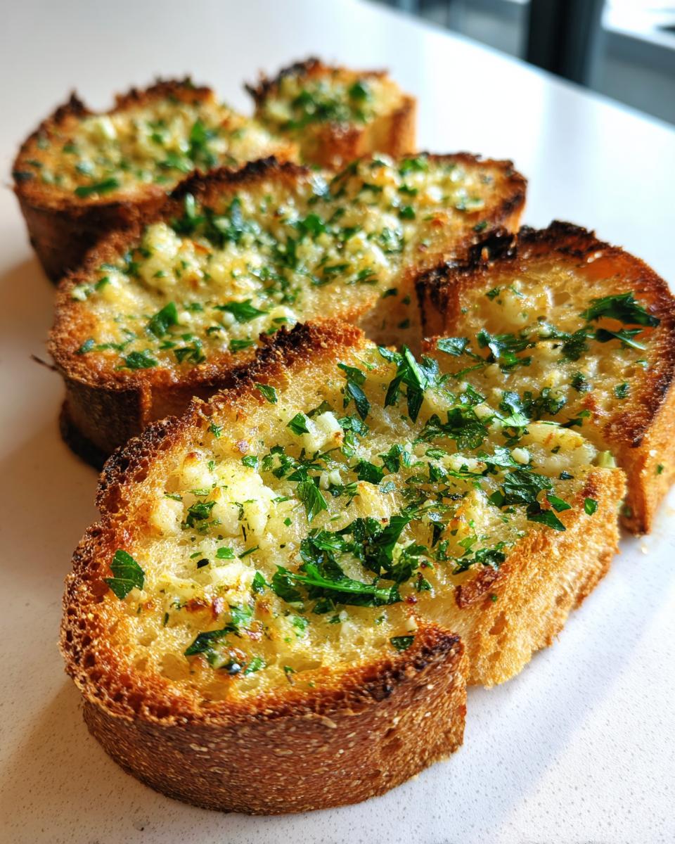 Close-up of thick-cut, toasted Homemade Texas Toast Garlic Bread topped with melted butter, garlic, and fresh parsley.