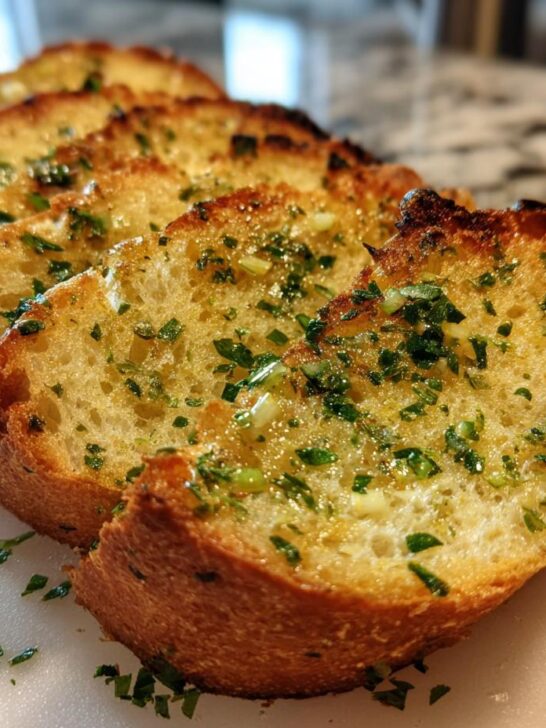 Four golden slices of Homemade Texas Toast Garlic Bread topped with melted butter, garlic, and fresh parsley.