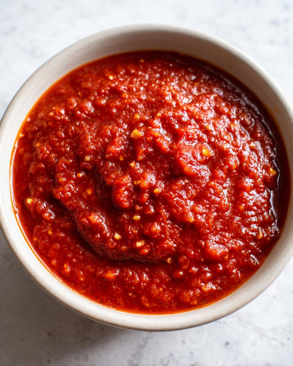 Close-up of thick, vibrant red homemade tomato sauce with visible texture and small garlic pieces.
