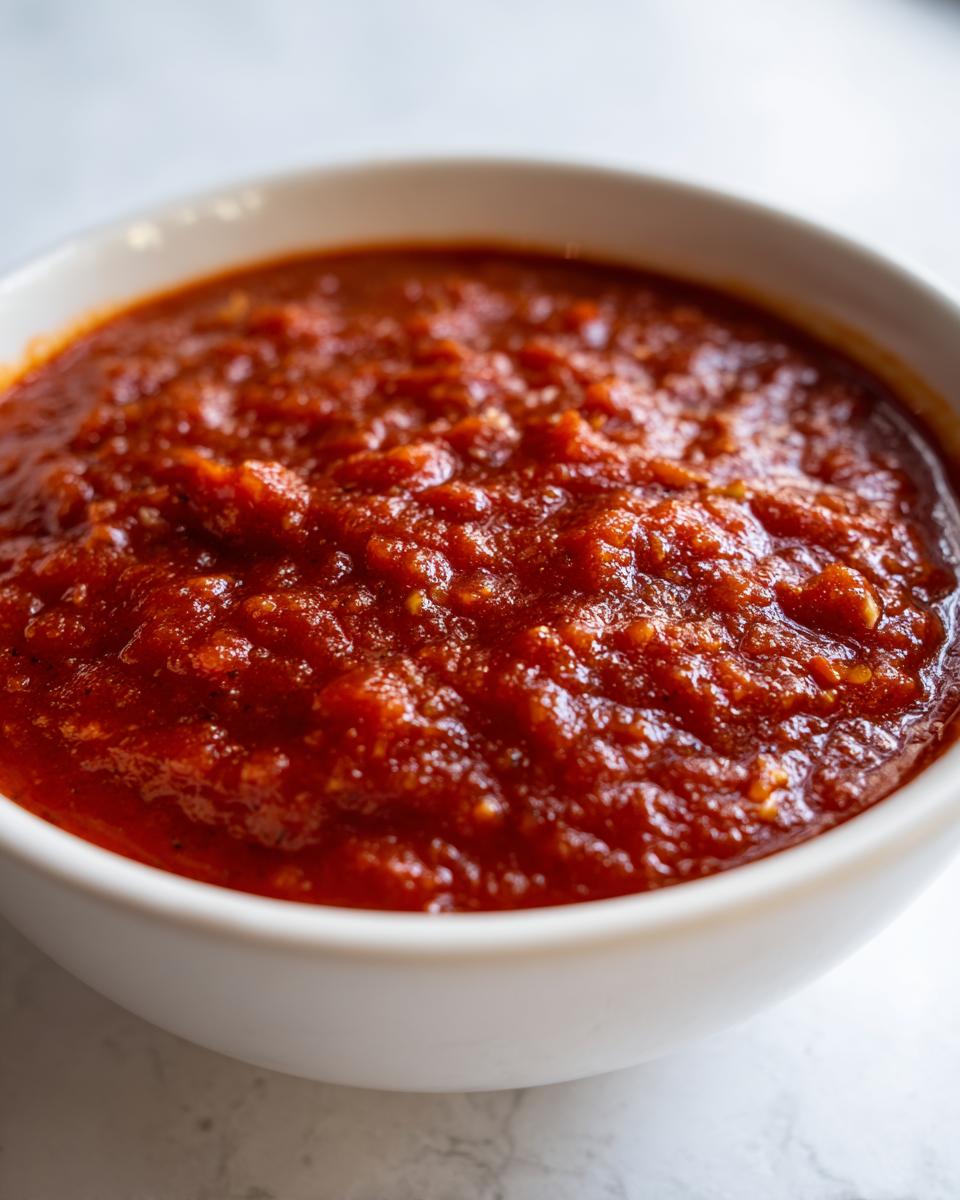 Close-up of rich, chunky homemade tomato sauce filling a small white bowl.