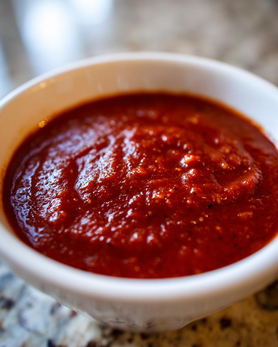 Close-up of rich, thick homemade tomato sauce in a white bowl, ready for serving.