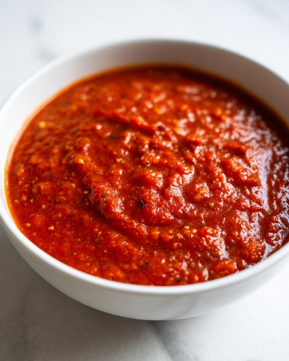 Close-up of rich, vibrant red homemade tomato sauce in a white bowl, ready for serving.