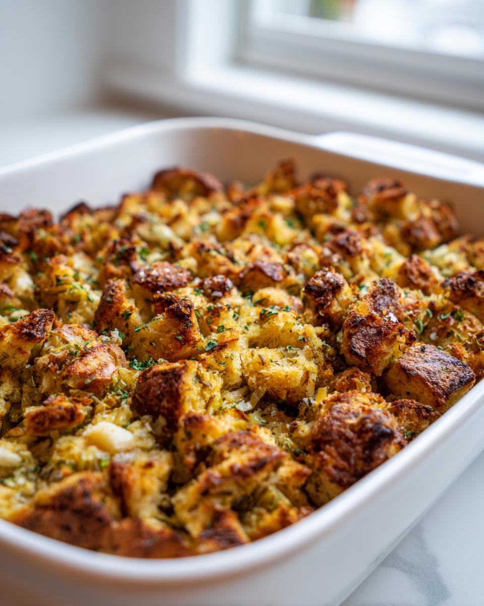 Close-up of golden brown, crispy Homemade Vegan Stuffing baked in a white casserole dish.