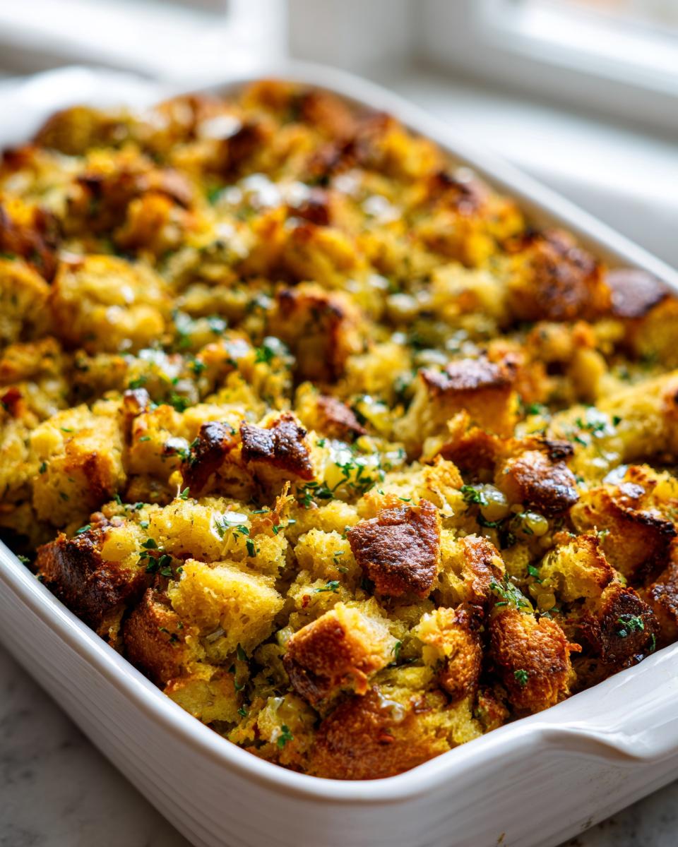 Close-up of golden brown, herbed Homemade Vegan Stuffing baked in a white rectangular casserole dish.