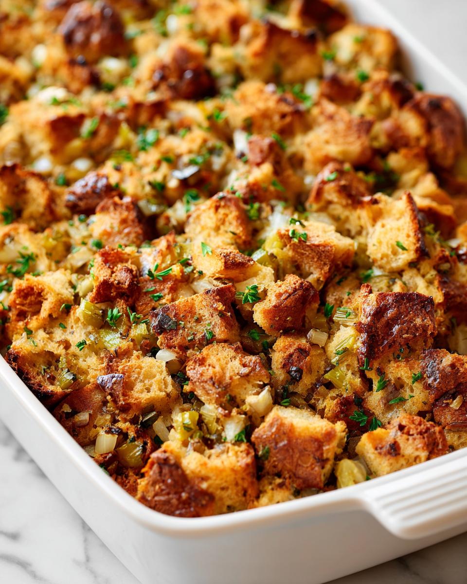 Close-up of golden brown Homemade Vegan Stuffing baked in a white casserole dish, topped with herbs.