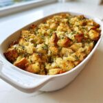 Close-up of golden, baked Homemade Vegan Stuffing topped with fresh thyme in a white oval baking dish.