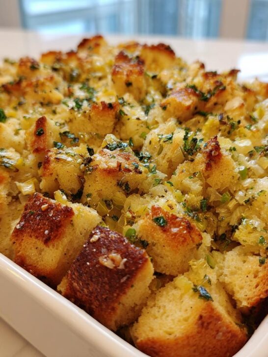 Close-up of golden brown Homemade Vegan Stuffing topped with herbs in a white baking dish.